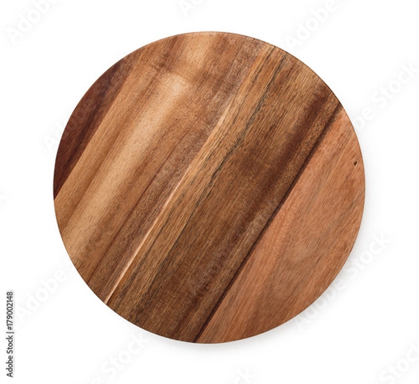 Fototapeta Acacia wood round cutting board isolated on white background, top view