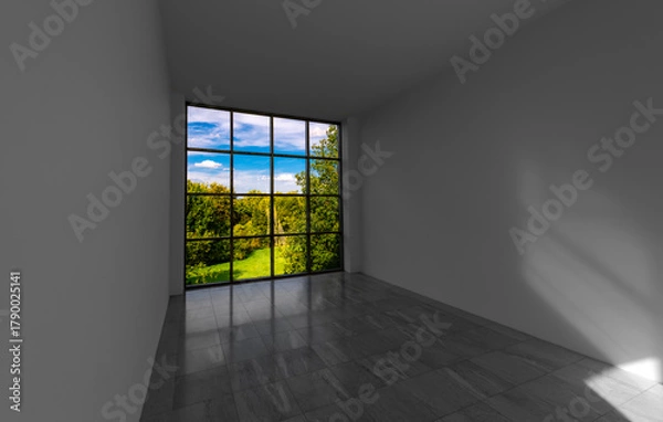 Fototapeta Square window with panoramic view into a public park scenery on a sunny summer day. Colorful outdoor scenic park seen through 16 glass squares contrasting with black and white bare room.