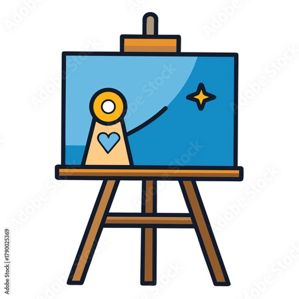 Fototapeta Colorful cartoon drawing of an artist's easel with a painting of a figure artist easel canvas