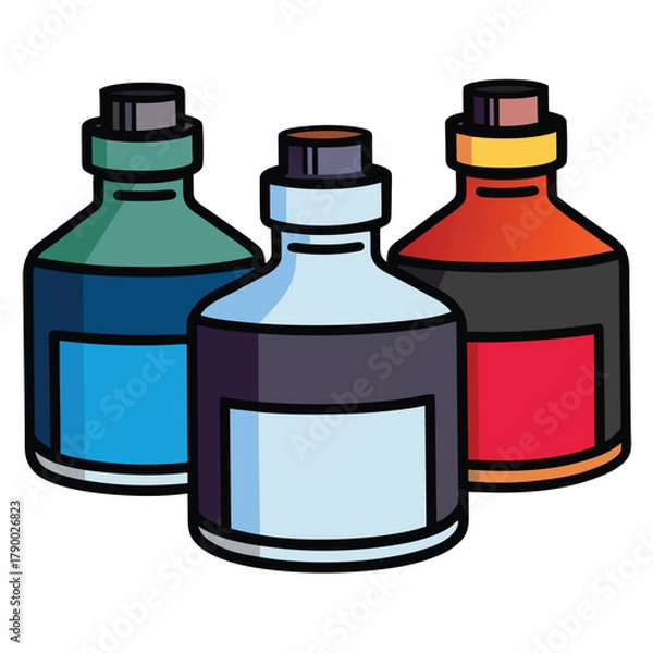 Fototapeta Three ink bottles in muted colors with blank labels on a white background liquid container