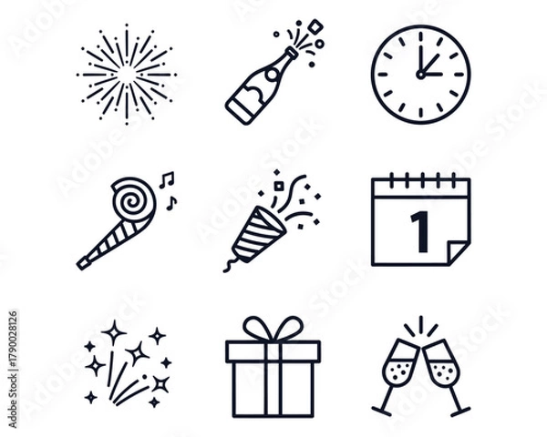 Fototapeta New year celebration line icons.