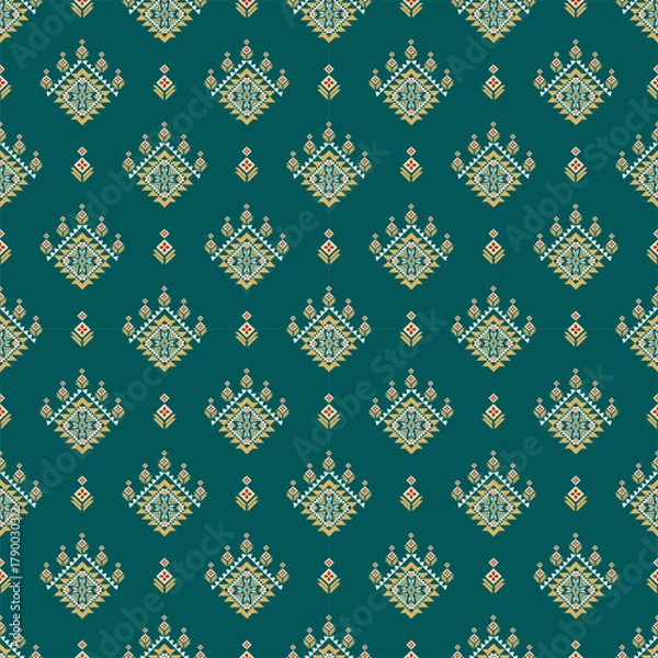 Obraz Teal and Gold Boho Diamond Seamless Pattern, flora yellow Geometric Seamless
