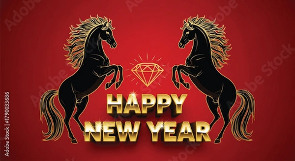 Fototapeta A festive illustration featuring two golden horses facing each other with a diamond above the text "Happy New Year" on a vibrant red background. Perfect for celebrations.