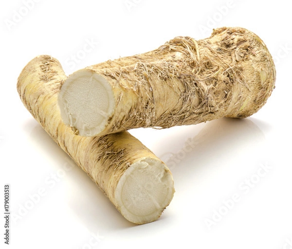 Fototapeta Fresh horseradish root isolated on white background two halves