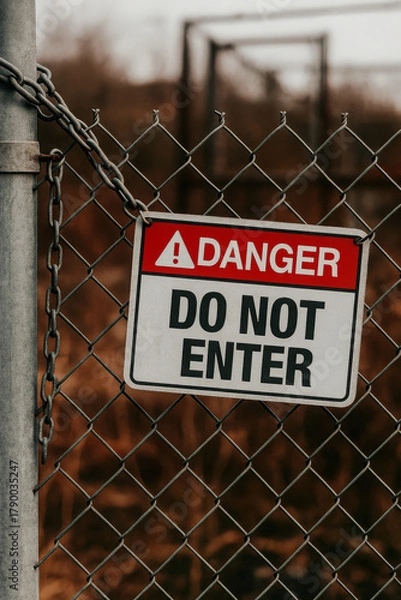 Fototapeta Danger “Do Not Enter” warning sign attached to metal fence with a chain, set outdoors against a blurred industrial background. A clear message of safety, restricted area, and hazard prevention