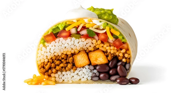 Fototapeta Juicy burrito sliced to reveal filling layers