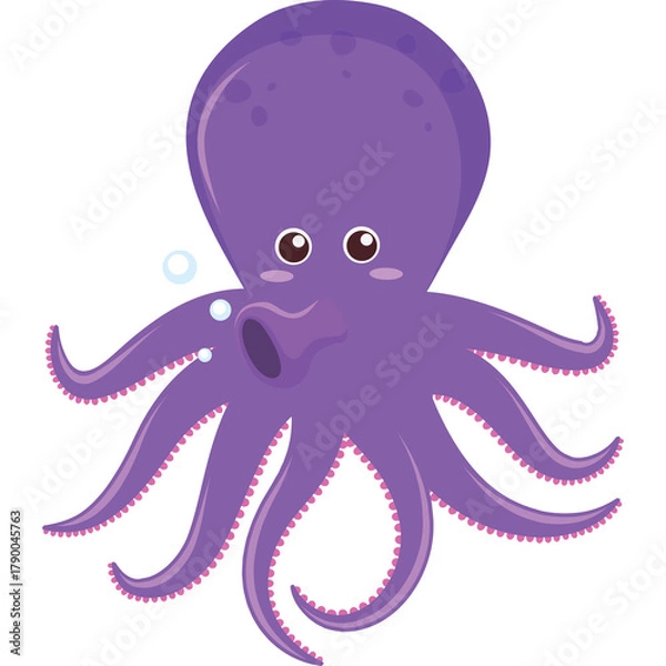 Obraz Cute Purple Octopus Character with Pink Accents and Bubbles Floating Underwater Purple Cartoon Octopus Illustration with Eight Tentacles and Big Eyes