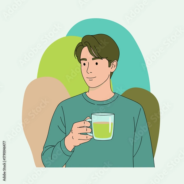 Obraz Relaxed man holding glass mug with eco concept text
