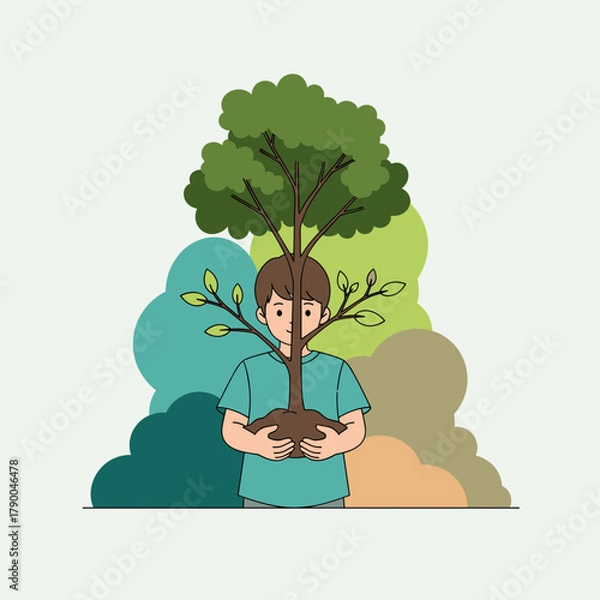Obraz Boy holding young tree with eco concept text against nature background