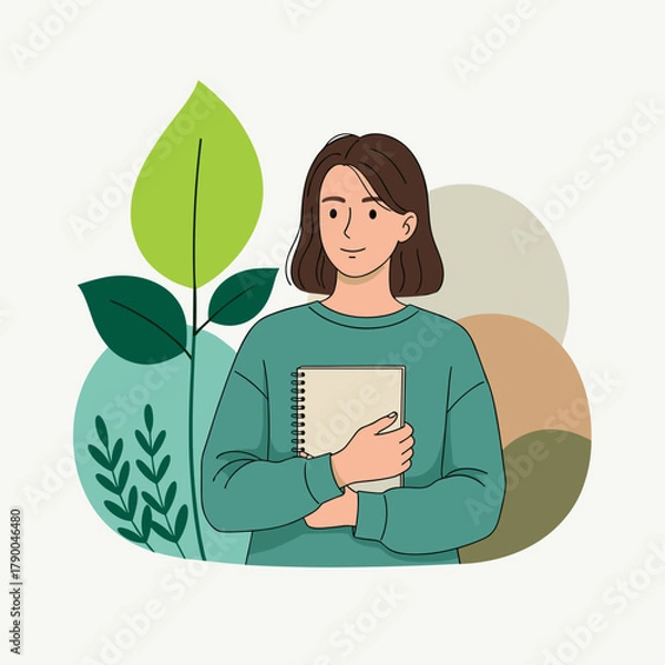 Obraz Smiling woman holding paper notebook with eco concept text and plants