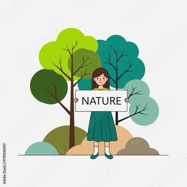 Obraz Smiling girl holding “Nature” sign in forest with eco concept text