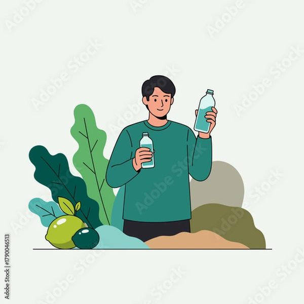 Obraz Smiling man holding clean water bottle with eco concept text and plants