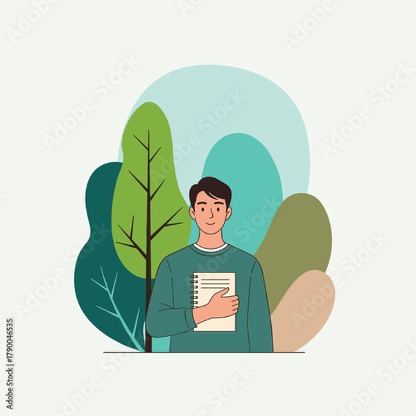 Obraz Smiling man holding paper notebook with eco concept text and trees