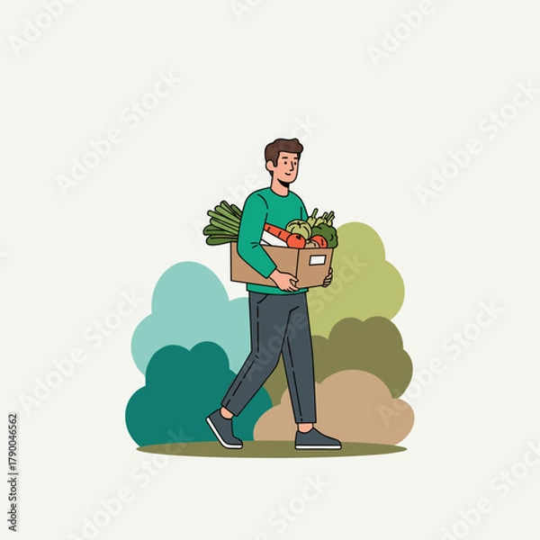 Obraz Happy man carrying box of organic vegetables with eco concept text