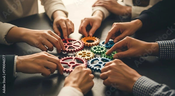 Obraz Close-up of diverse people connecting colorful gears on a dark table, representing teamwork and collaboration for business strategy and problem-solving.