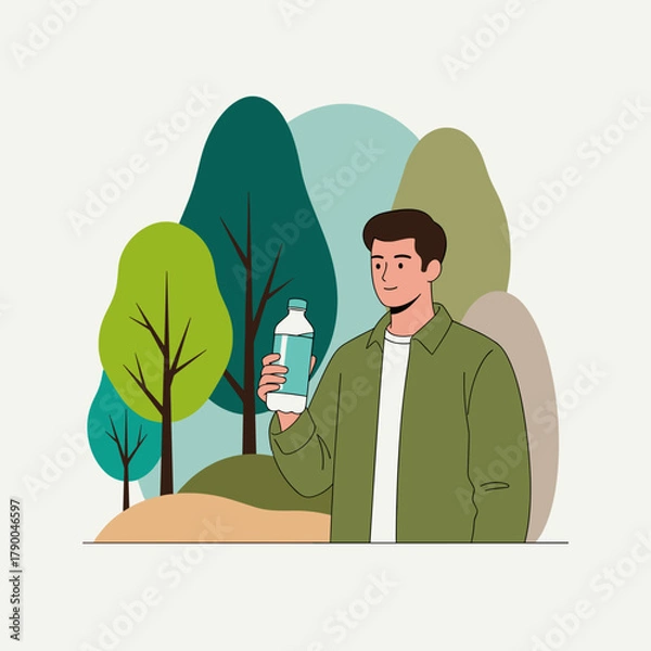 Obraz Smiling man holding clean water bottle with eco concept text in forest