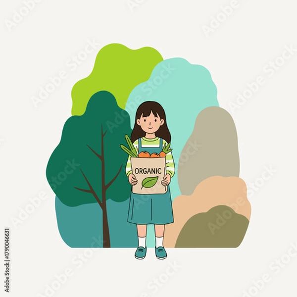 Obraz Smiling girl holding organic bag with eco concept text in forest