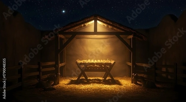 Obraz Rustic barn interior set up for a Nativity scene, featuring hay bales and a wooden manger softly lit by numerous glowing candles for a spiritual Christmas mood.