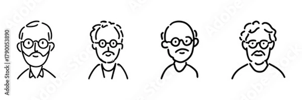 Obraz Elderly Male Characters With Glasses Line Icon Set In Doodle Style. Senior Men, Aging, And Wisdom Representation Outline Sketch Collection. Hand Drawn Isolated Vector Illustration