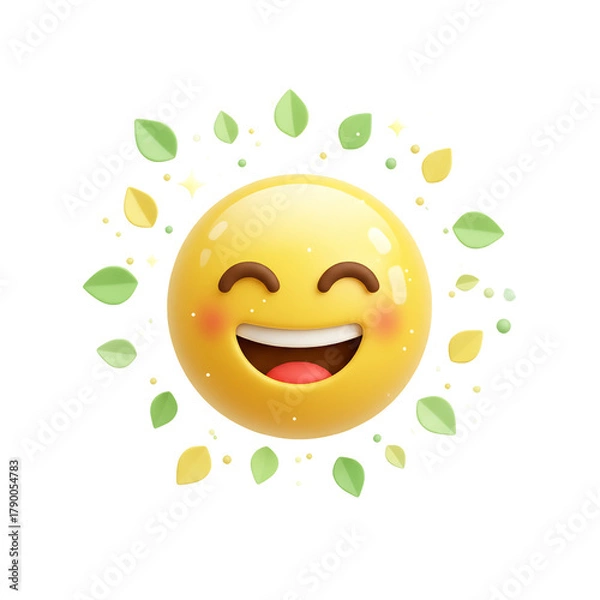 Fototapeta Happy yellow emoji with leaves isolated on transparent background