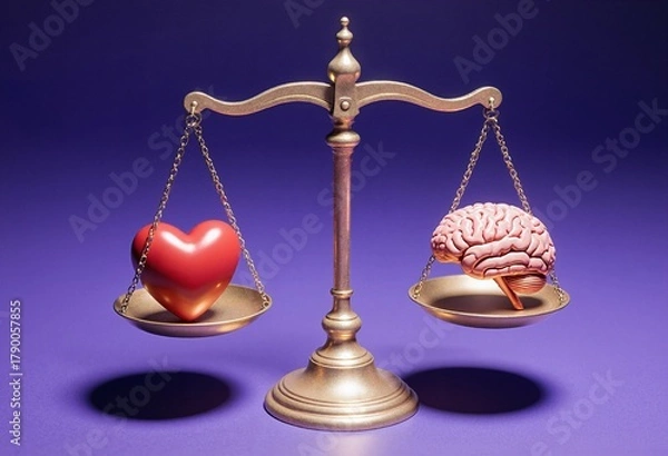 Obraz Balance scale weighing a heart and a brain, symbol of balance between emotion and logic