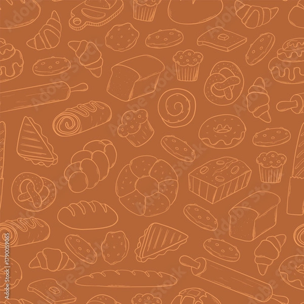 Fototapeta Bread doodles seamless pattern on brown background for prints, wallpaper, wrapping paper, scrapbooking, product packaging, kitchenware, etc. EPS 10
