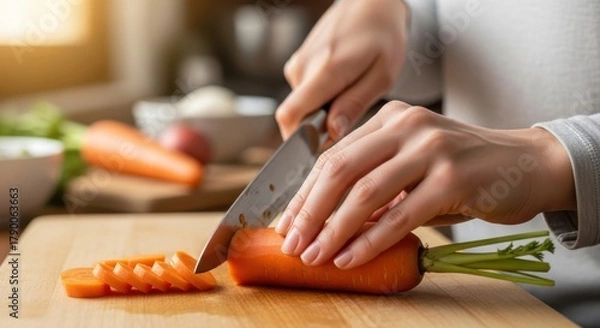 Obraz Hands chopping fresh carrots on a wooden cutting board