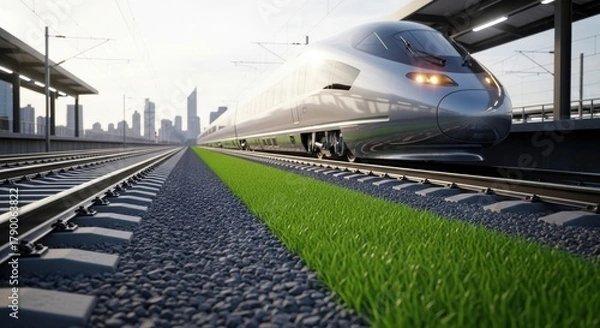 Obraz Modern high speed train on tracks with greenery and cityscape