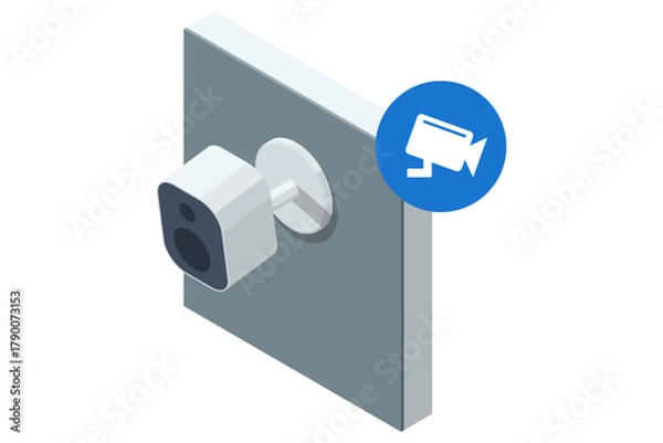 Fototapeta Smart Home Security Camera monitoring. Isometric illustration of a smart home security camera mounted on a wall with a blue CCTV icon, representing home surveillance and monitoring technology