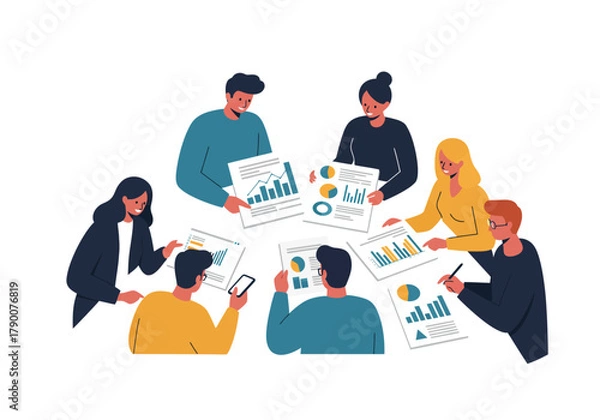 Obraz People gathered around a table reviewing charts and graphs