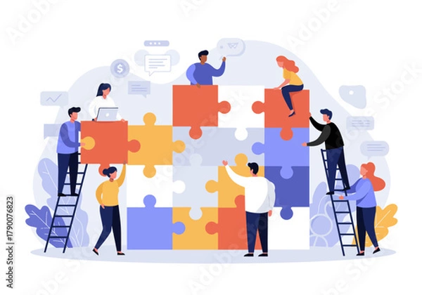 Obraz People assembling a large jigsaw puzzle against a light background