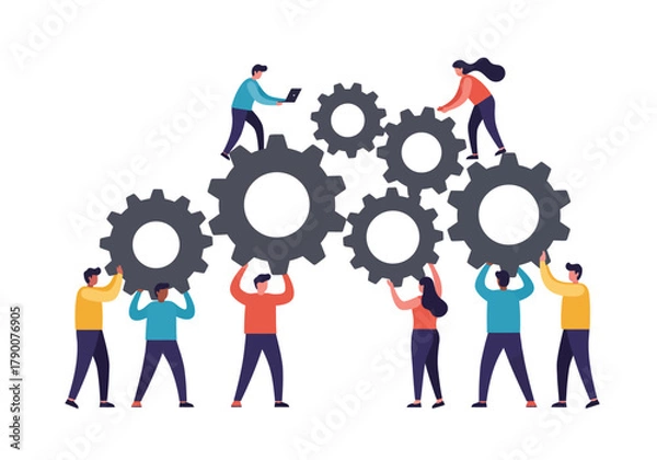 Obraz People working together to assemble gears and a laptop