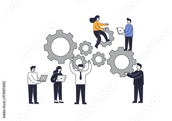 Obraz People interacting with gears some using laptops