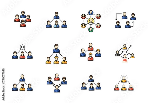 Obraz Various flat icon illustrations of organizational structures and team dynamics