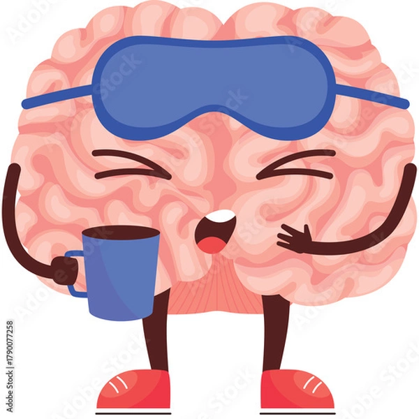 Obraz Cute Pink Brain Character Wearing Sleep Mask Holding Coffee Cup Yawning Tired Expression Red Sneakers Transparent Background