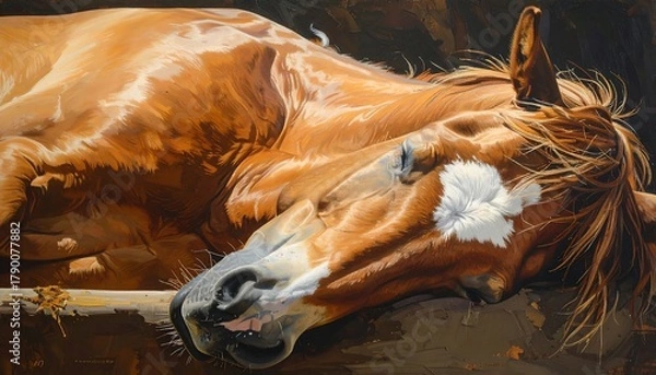 Fototapeta A close-up painting of a chestnut horse resting, showing detailed fur and highlights on its face and neck