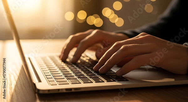 Obraz Hands typing on a laptop keyboard with warm lighting and bokeh background
