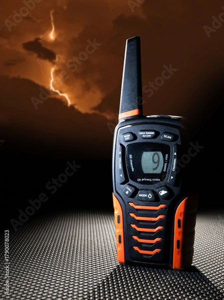 Fototapeta Dark thunderstorm approaching behind a handheld walkie talkie