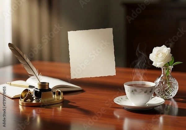 Obraz Elegant still life composition featuring vintage writing tools, a delicate teacup, and an ethereal floating paper on a