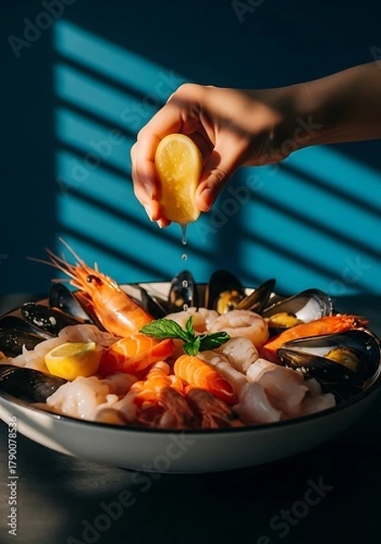 Obraz Elegant seafood platter getting a lemon juice splash on a stylish ambiance