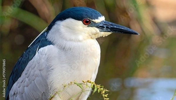 Obraz A close-up portrait of a bird with striking white chest and face, contrasting with a black cap, long dark beak, and red eyes