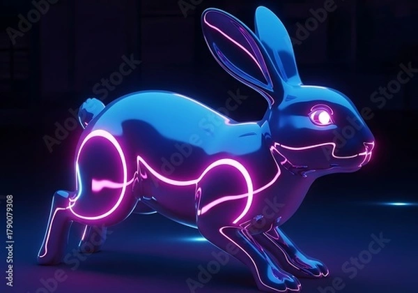 Obraz Futuristic Metallic Rabbit Sculpture with Neon Accents on Dark Backdrop