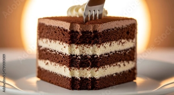 Obraz Indulgent Layered Chocolate Cake Delight with a Glistening Fork Plunge