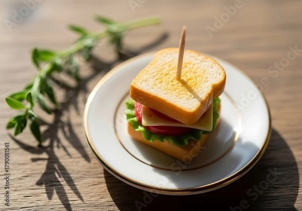Obraz Miniature sandwich on elegant dish, displayed with subtle foliage shadow