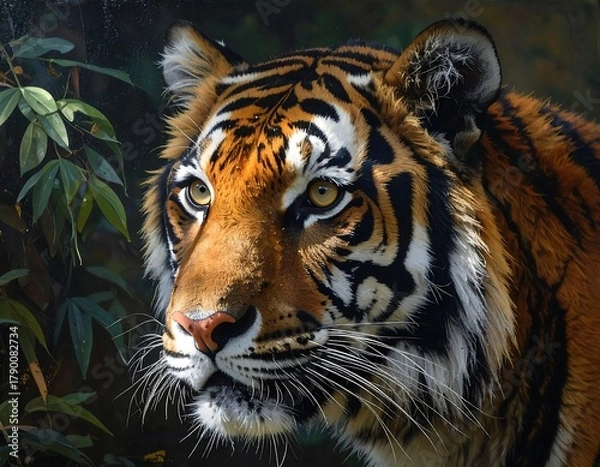 Obraz A close-up portrait of a majestic big cat, its orange and black stripes contrasting with soft foliage. Captivating golden eyes