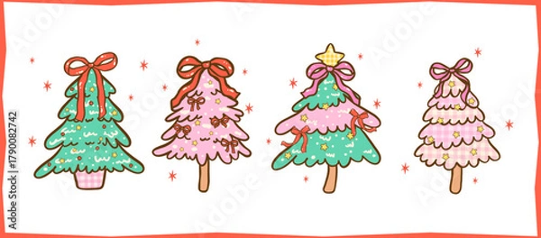 Fototapeta Cute Gingham Coquette Christmas Tree with Ribbon Bow Cartoon Hand Drawn Set, Kawii Girly Festive Holiday Doodle Collection