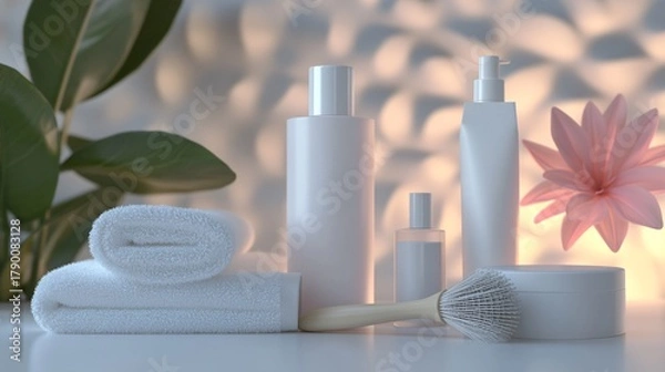 Obraz Cosmetic Essentials with Brush and Towel