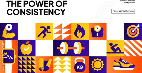 Fototapeta Dynamic Health and Fitness Icon Pattern - Vibrant Workout Grid Background for Sports and Gym Promotion