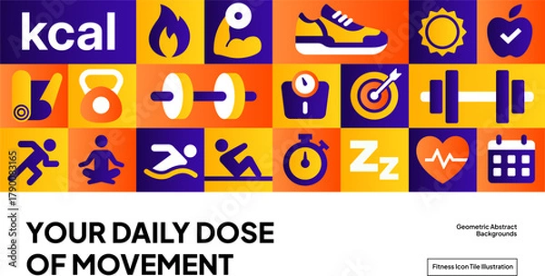 Obraz Modern Workout Icon Grid Design - Bright Fitness and Health Pattern Background for Active Lifestyle Branding