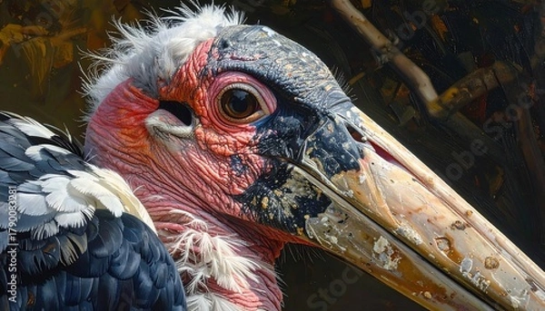 Obraz A close-up portrait of a majestic bird with striking red and gray features, set against a blurred background